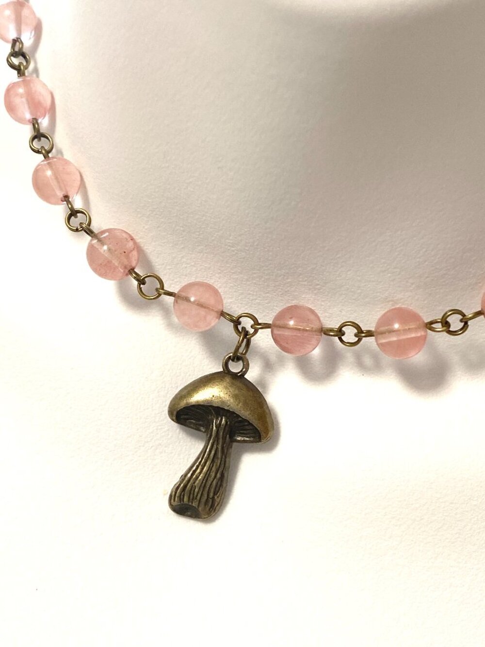 Cherry Quartz Short Adjustable Necklace w/ Bronze Slim Mushroom Pendant